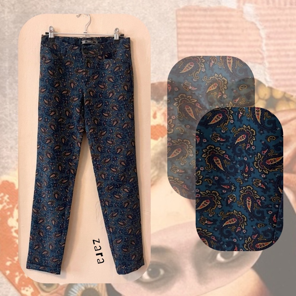 🎉rare🎉 Zara green paisley print rolled hem straight leg trouser pants